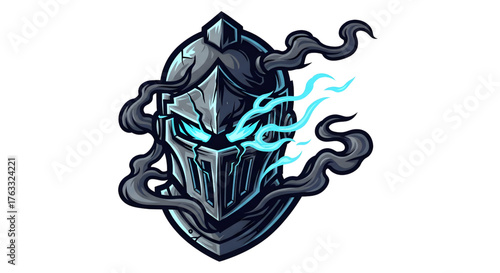 Intimidating warrior helmet with glowing blue eyes and dark smoke, exuding power and mystery for gaming or esports branding