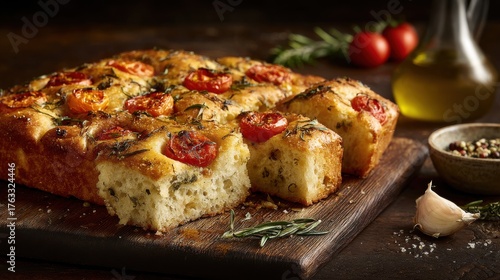 Close up of freshly baked focaccia bread with tomatoes and rosemary on a wooden board dark moody food photography