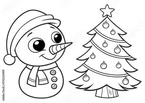 Kids Coloring Page – Cute Snowman and Christmas Tree