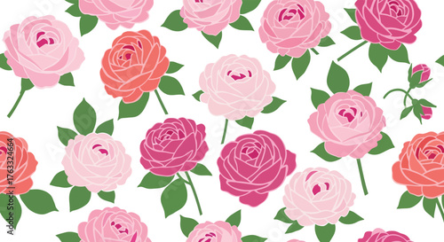 A floral pattern of pink and orange roses with green leaves scattered across a white background.
