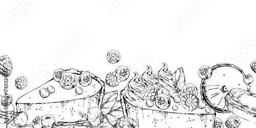 Mousse swirl on creamy cheesecake wedge with mixed berries, macarons and fresh mint. Hand drawn vector ink border for seamless dessert backgrounds, culinary wrap paper, menu edging, food blog headers.