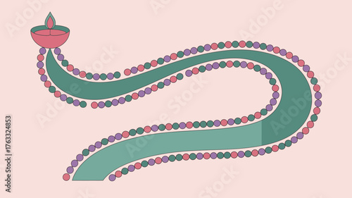 Illustration of a diya lamp with a curved green path decorated with colorful beads on a light background
