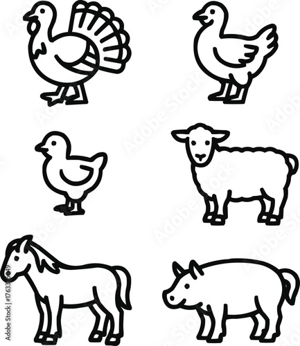Poultry and Livestock Line Icons Farmyard Animal Collection in Minimal Style