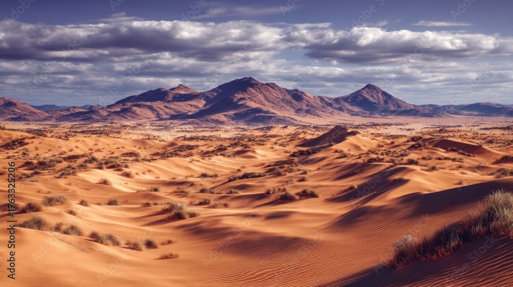 Fototapeta premium Serene Desert Landscape with Rolling Dunes and Majestic Mountains