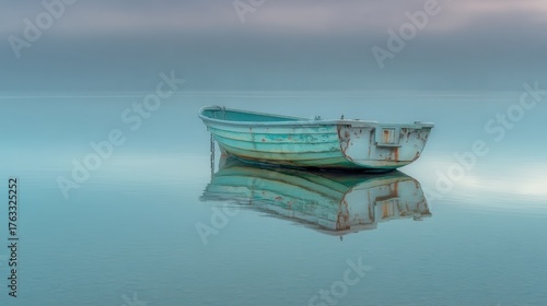 Serene Reflection of an Abandoned Boat in Calm Waters at Dawn