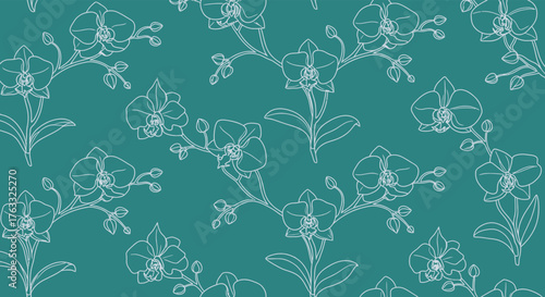 Seamless pattern of white orchid flowers and stems on a teal background, creating a delicate and repeating floral design.