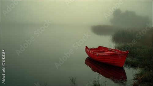 Red Boat on Misty Lake at Dawn with Soft Fog and Calm Water