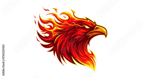 Dynamic fiery phoenix head erupting with vibrant flames, symbolizing power, rebirth, and fierce energy for modern branding and epic designs.