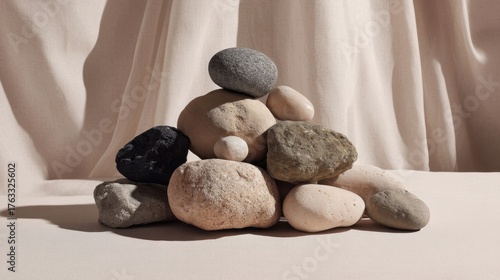 Natural Stones Piled Together on Neutral Fabric Background