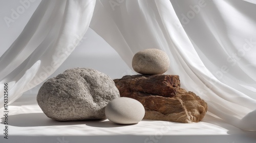 Natural Stones and Wooden Log Composition Under Soft Drapery