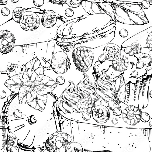 Berry souffle sandwich cake, cheesecake torte slice with meringue swirl, and mint-topped macaron. Hand drawn in vector ink. Seamless pattern for header repeats, blog layouts, and culinary banners.