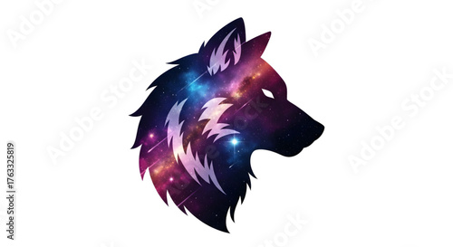 Mysterious wolf silhouette filled with vibrant cosmic nebula and shooting stars, evoking power and wonder