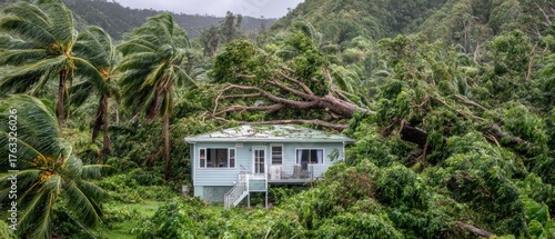 House Surrounded by Storm Damage in Tropical Location Aftermath of Hurricane Natural Disaster Palm Trees Fallen Trees