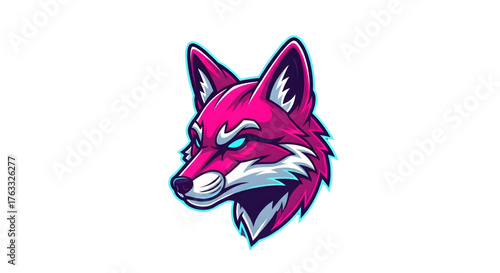 Dynamic magenta fox mascot head with glowing blue eyes, fierce expression, perfect for gaming or esports branding.