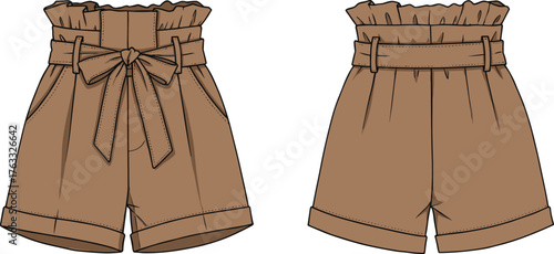 High waisted brown paperbag shorts with belt, casual summer fashion clothing design, stylish women’s apparel vector illustration front and back view