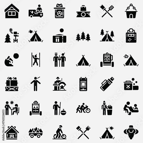 Camping, outdoor recreation, adventure, and travel icon set featuring various outdoor activities and equipment