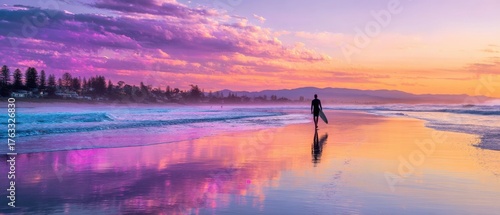 Surfer Walking on Beach at Sunset Eye Level Shot Landscape Reflection of Clouds in Water Gold Coast Australia