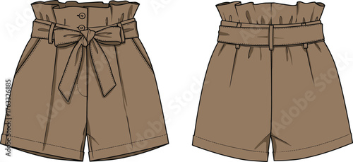 Fashion vector illustration of brown high waisted paper bag shorts with belt bow, pleats, pockets, front and back view design