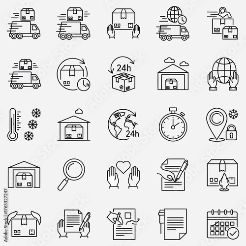 Comprehensive collection of outline vector icons for logistics, including symbols for global shipping, warehouse management, and secure parcel delivery