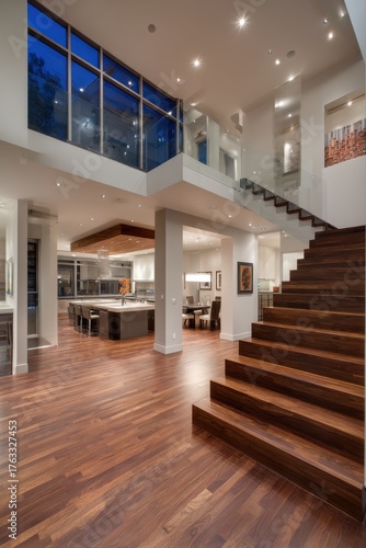 Modern Home Interior Design with Open Floor Plan Kitchen and Wooden Staircase at Night Angle View