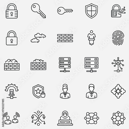 Essential Security and Protection Icons Key, Lock, Shield, and Digital Infrastructure Elements