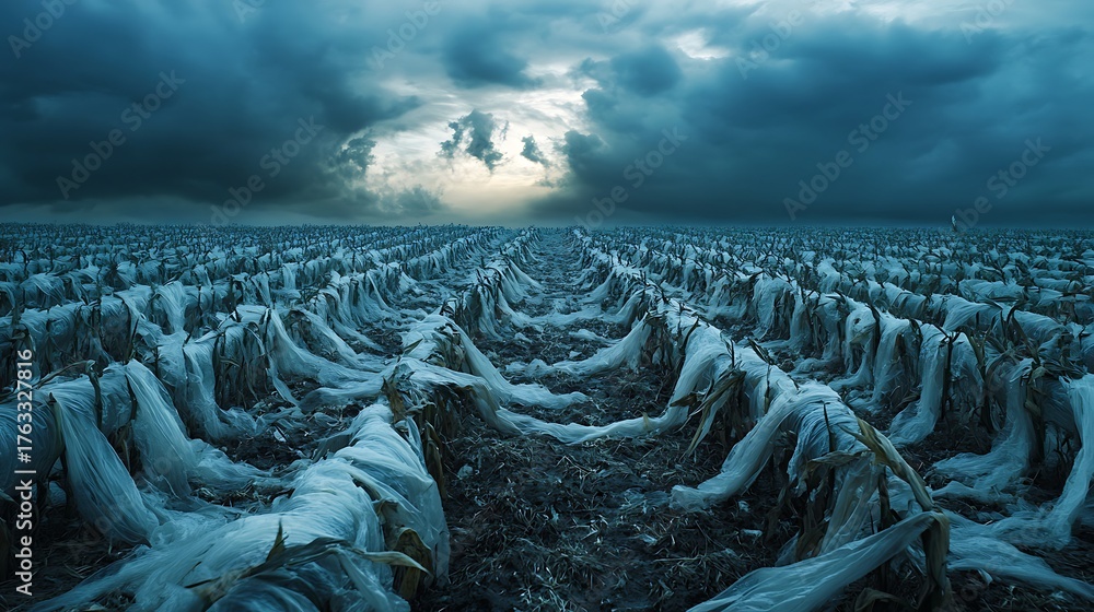 Fototapeta premium A field of plastic-wrapped crops under a darkening sky, showcasing the impact of unsustainable farming practices