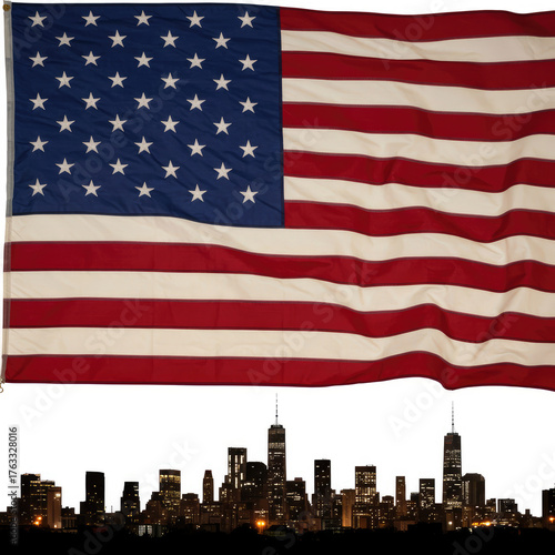 American flag with stars and stripes waving over a silhouette of a city skyline at night