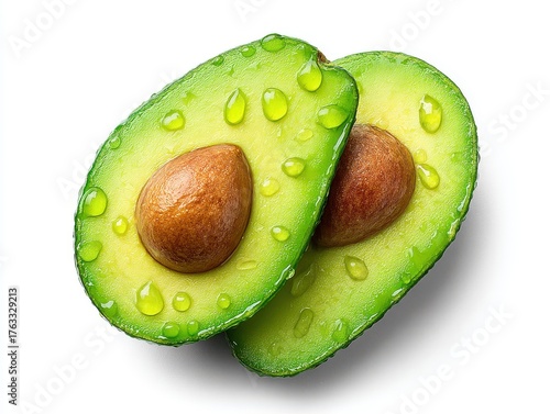 Two avocado halves with pit and water drops on white background studio shot close up healthy food concept