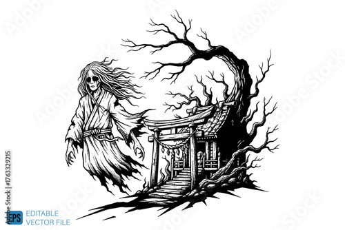 Spooky ghost figure floats near Japanese temple in monochrome ar