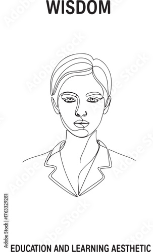 Elegant line art portrait representing wisdom and knowledge, with a subtle nod to learning and thoughtful contemplation.