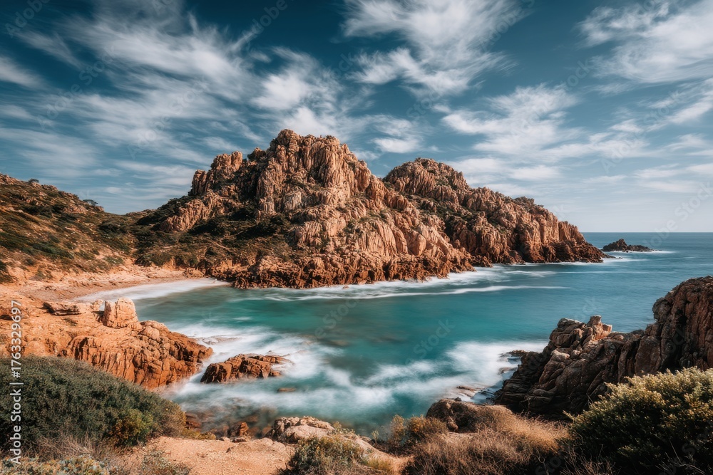 Fototapeta premium Dramatic Coastline of Sardinia Italy at Cala Rossa Beach Long Exposure with Turquoise Water and Red Rocks Under a Cloudy Sky