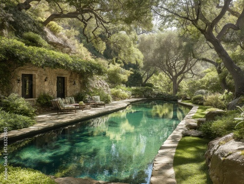 Serene swimming pool reflecting trees and sky in a lush garden setting at daytime, eye-level view in Montecito, California