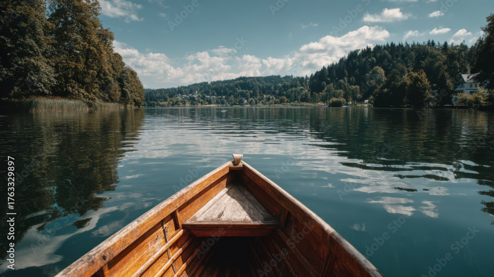 Obraz premium Wooden boat sailing on calm lake surrounded by forest and hills under clear sky 