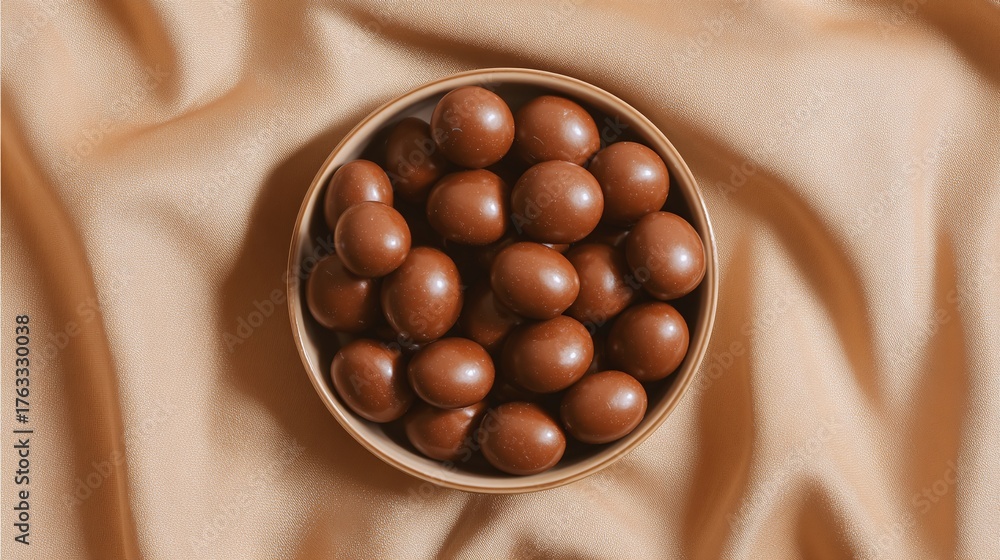 Fototapeta premium A bowl filled with chocolate-covered malt balls, set against a draped golden fabric. Sweet treat concept. Focus on color and texture. Chocolate spheres in ceramic bowl.