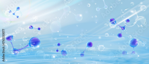 Water texture and abstract blue 3d molecule structures floating in liquid with bubbles, light ray.Vector for skincare,water technology, biotech visuals,clean science in futuristic design presentation
