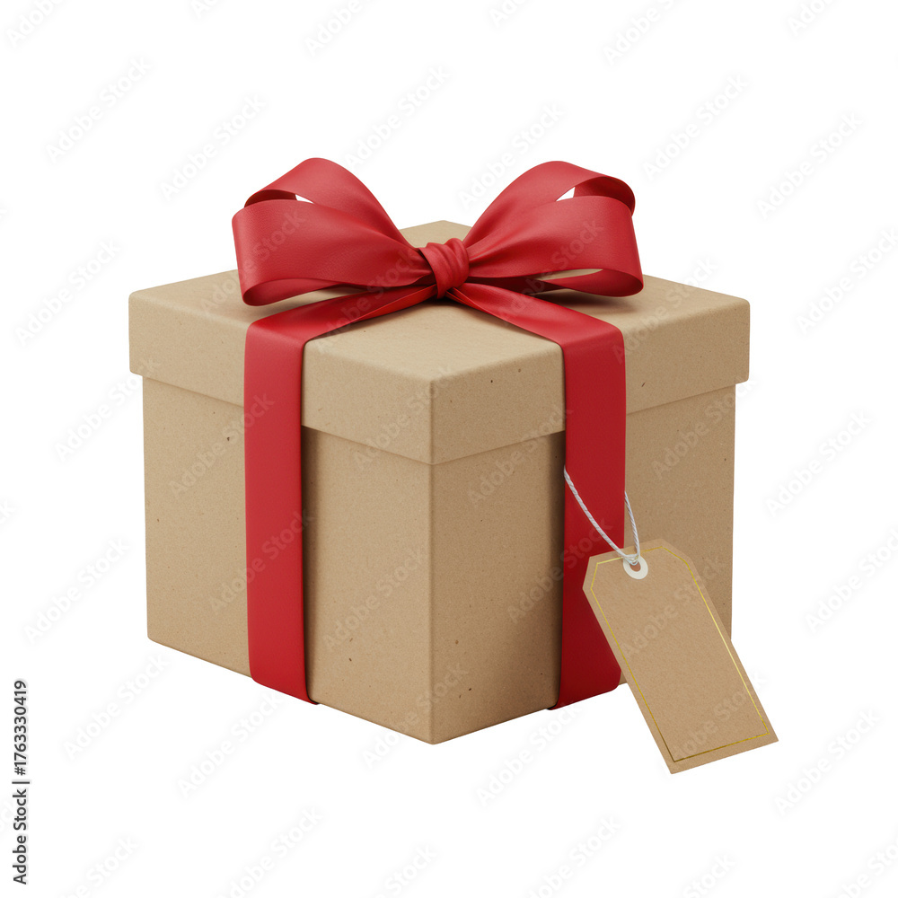 Naklejka premium Pristine brown gift box with red satin bow, gold foil tag on seamless transparent background, no shadows, sharp focus, diffused studio lighting. Concept of elegant thoughtful gifting