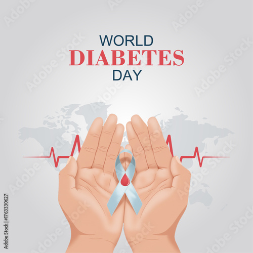 World Diabetes Day Concept with Blue Awareness Ribbon in Hands and Heartbeat Line on World Map Background