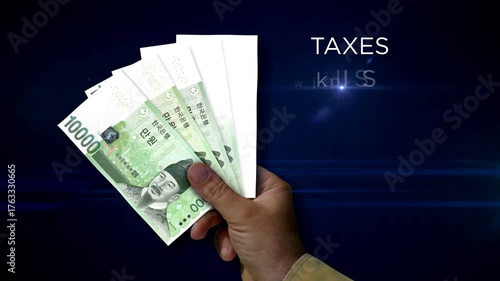 South Korea 10000 Won money holding. Fan of banknotes in hand. KRW paper cash. Concept of income, success, business, tax, economy and finance.