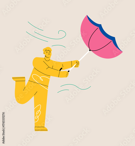 Windy storm weather concept. Man struggle against wind with his broken umbrella blown away. Colorful vector illustration