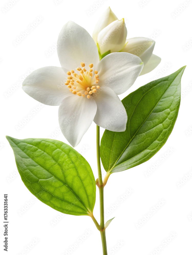Obraz premium A beautiful white jasmine flower with green leaves, isolated on transparent background, showcasing its delicate petals and vibrant stamen, perfect for floral designs and nature themes