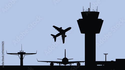 Dynamic airport scene with silhouette airplanes taking off and landing near control tower and radar equipment