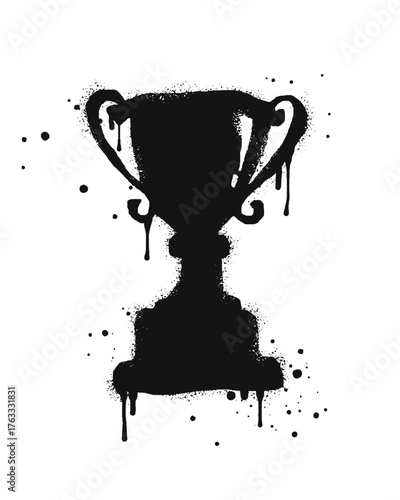 Spray painted graffiti champions cup trophy sign in black over white. trophy cup silhouette drip symbol. isolated on white background