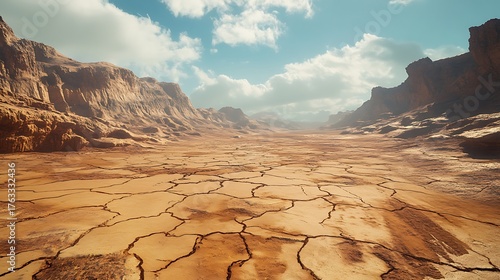 A desolate, cracked desert landscape showing the extreme effects of climate change and drought