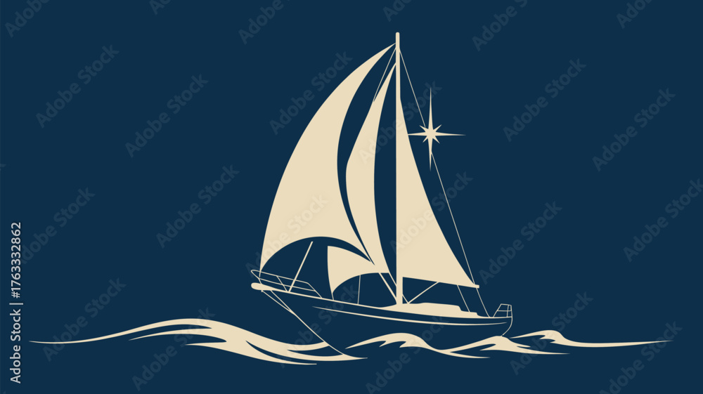 Naklejka premium Elegant sailboat glides across calm blue ocean waves under a starry sky, evoking adventure and freedom