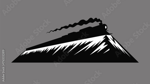 Vintage steam train embarks on a majestic journey over rugged snowy mountain peaks, emitting plumes of smoke