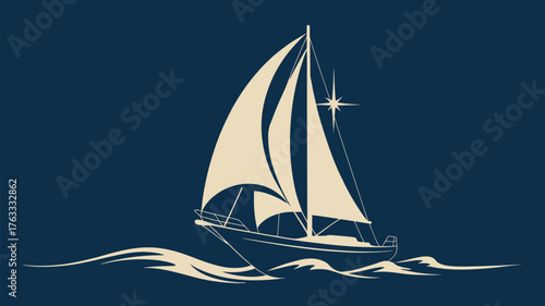 Elegant sailboat glides across calm blue ocean waves under a starry sky, evoking adventure and freedom
