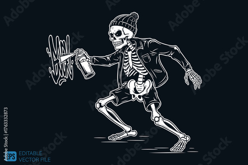 Cool Skeleton Graffiti Artist Spray Painting Wall with Beanie an