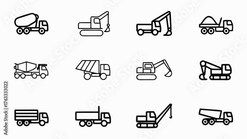 Outline illustrations of various construction vehicles including trucks and excavators in a grid layout