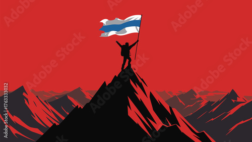 Triumphant climber plants flag atop majestic mountain peak at sunrise, symbolizing achievement and ultimate success