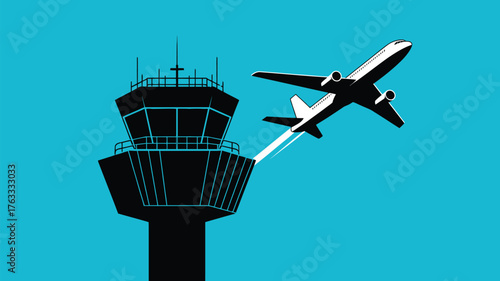 Dynamic airplane ascending from airport control tower, symbolizing travel, aviation, and global connectivity in a clean, modern style.